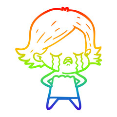 rainbow gradient line drawing cartoon girl crying