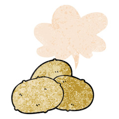 cartoon potatoes and speech bubble in retro textured style