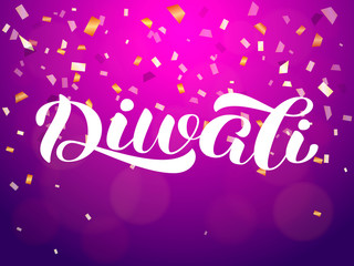 Diwali holiday lettering. Vector illustration with confetti