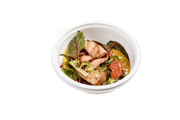 Isolated cooked dish with meat and vegetable in white container