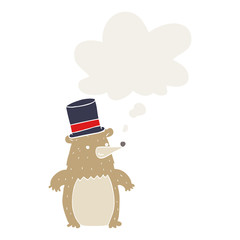 cartoon bear in top hat and thought bubble in retro style