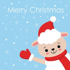 Merry Christmas and Happy New Year card design. Funny kawaii sheep character in santa hat on winter illustration, snow on light blue background