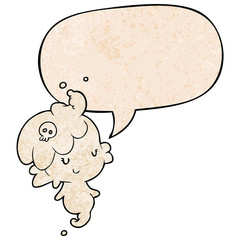 cute cartoon ghost girl and speech bubble in retro texture style