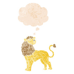 cartoon lion and thought bubble in retro textured style