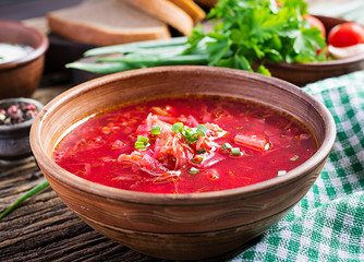 Traditional Ukrainian Russian borscht or red soup in the  bowl.