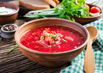 Traditional Ukrainian Russian borscht or red soup in the  bowl.