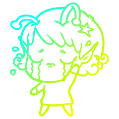 cold gradient line drawing cartoon crying alien girl