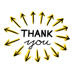 Hand drawn illustration of the writing thank you with several arrows pointing outwards isolated on white background