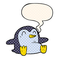 cartoon penguin and speech bubble in comic book style