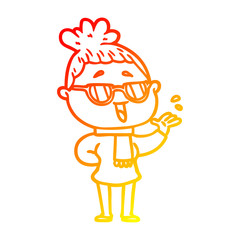 warm gradient line drawing cartoon happy woman wearing spectacles