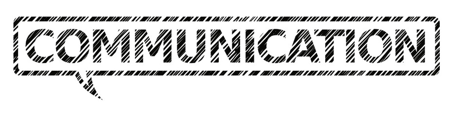 Hand drawn vector doodle writing illustration of the word communication inside a speech balloon isolated on white background