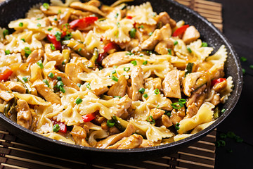 Stir fry chicken, pasta farfalle, zucchini, sweet peppers and green onion.  Asian cuisine