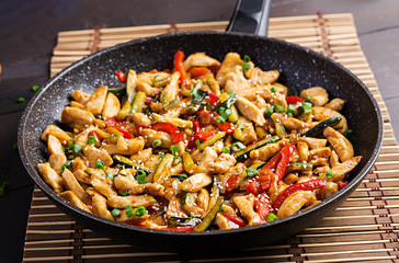 Stir fry chicken, zucchini, sweet peppers and green onion. Asian cuisine
