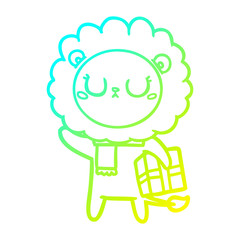 cold gradient line drawing cartoon lion with christmas present