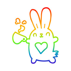 rainbow gradient line drawing cute cartoon rabbit with love heart and coffee cup