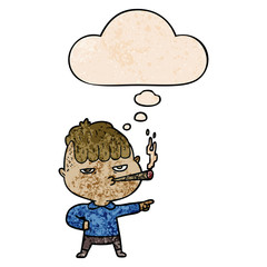 cartoon man smoking and thought bubble in grunge texture pattern style