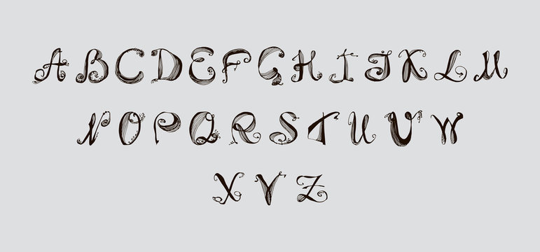 English alphabet is hand drawn. Black and white vector illustration isolated.