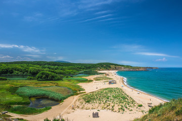 A beach at the mouth of the Veleka river.Sinemorets is a village and seaside resort on the Black Sea coast of Bulgaria, located in the very southeast of the country close to the border with Turkey