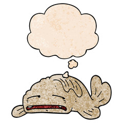 cartoon sad old fish and thought bubble in grunge texture pattern style