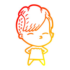 warm gradient line drawing cartoon squinting girl in dress
