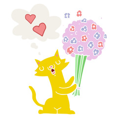 cartoon cat in love with flowers and thought bubble in retro style