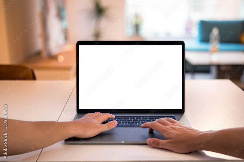 Poster laptop blank screen with hands on keyboard - pov using