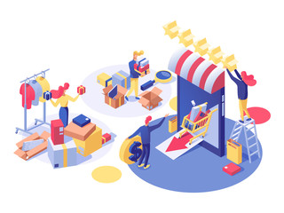 E-commerce and shopping vector isometric illustration. Shop assistant doing inventory, entrepreneur opening store and buying products for sale 3d characters. Consumerism, trading and retail business