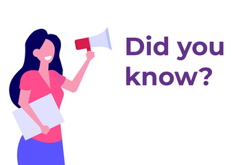 Interesting fact concept. Woman holding megaphone. Did you know?