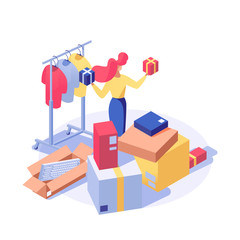 Fototapeta na wymiar Customer buying products vector isometric illustration. Female seller, shop assistant doing inventory, buyer choosing holiday presents 3d character. Clothes shop, supermarket goods isolated clipart