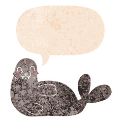 cartoon seal and speech bubble in retro textured style