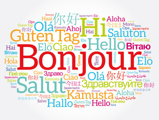 Bonjour (Hello Greeting in French) word cloud in different languages of the world