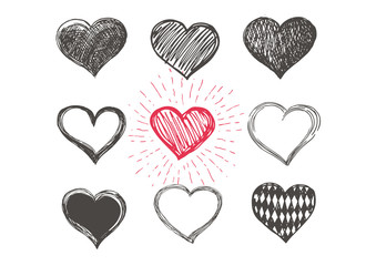 Hand drawn hearts. Valentine's day. Vector illustration of red hearts.