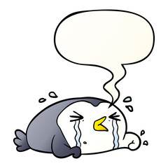 cartoon crying penguin and speech bubble in smooth gradient style