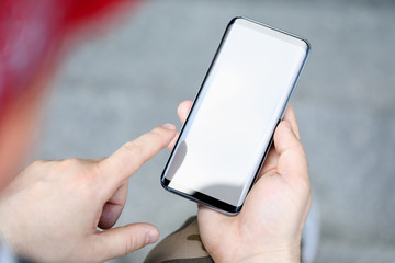 Hipster on white backdrop. Space background