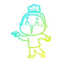 cold gradient line drawing cartoon happy old lady