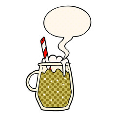 cartoon glass of root beer and straw and speech bubble in comic book style