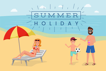 Fototapeta premium Summer holiday flat vector banner. Cartoon tourist sunbathing on beach, playing ball game, woman on deck chair drinking cocktail. Seaside resort for family weekend advertising poster layout
