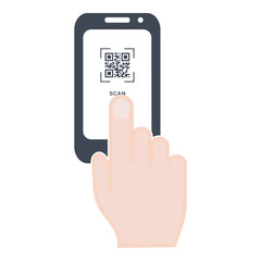 Scan QR code to Mobile Phone. Hand with phone. Electronic, digital technology, barcode. Vector modern design illustration icon, eps 10