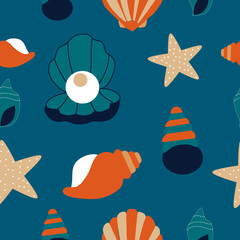 Orange and blue shells in a seamless pattern design