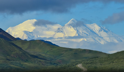 Fototapeta premium Zoom photo of Mount Denali - mt Mckinley with Denali park road Denali National Park and Preserve, Alaska, United States
