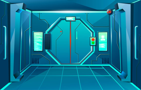 Hallway in spaceship with closed door and camera . Futuristic interior room. Background for games and mobile applications. Vector cartoon background