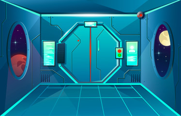 Hallway in spaceship with porthole and camera . Futuristic interior room with door. Background for games and mobile applications. Vector cartoon background © Igor