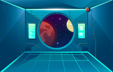 Porthole on hallway in spaceship. Moon and mars planet in viewport. Futuristic interior room. Background for games and mobile applications. Vector cartoon background © Igor