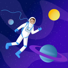 Male astronaut in outer space illustration. Interstellar traveler, cosmonaut in spacesuit floating in cosmos cartoon vector character. Saturn solar system planet, sun in cosmic sky