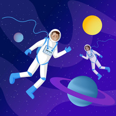 Fototapeta premium Astronauts in outer space flat illustration. Two cosmonauts in spacesuits floating in cosmos zero gravity cartoon vector characters. Interstellar travel, adventure, space exploration