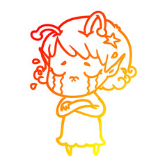 warm gradient line drawing cartoon crying alien girl