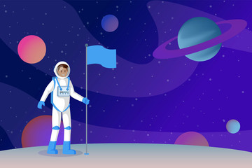 Naklejka premium Cosmonaut setting flag flat vector illustration. Smiling astronauts in outer space, spaceman standing on alien planet surface cartoon character. Moon landing, interstellar traveling