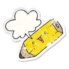 cute cartoon pencil and speech bubble distressed sticker