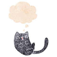 cartoon cat and thought bubble in retro textured style