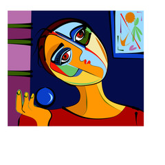 cubism art style, woman with ball in hand